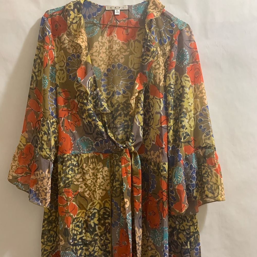 Cabi Kimono Floral Sheer Ruffle Tie Front XL